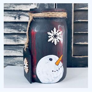 Hand Painted Snowman Mason Jar-Quart, Let it Snow, Snowflake, Matte Black/Red
